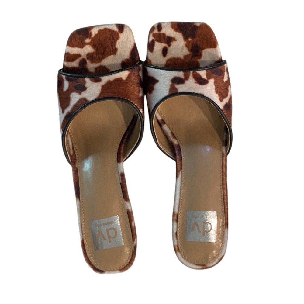 DV‎ Dolce Vita Cow Print Square Toe Block Heel Mule Sandals Brown White Womens - Picture 2 of 13